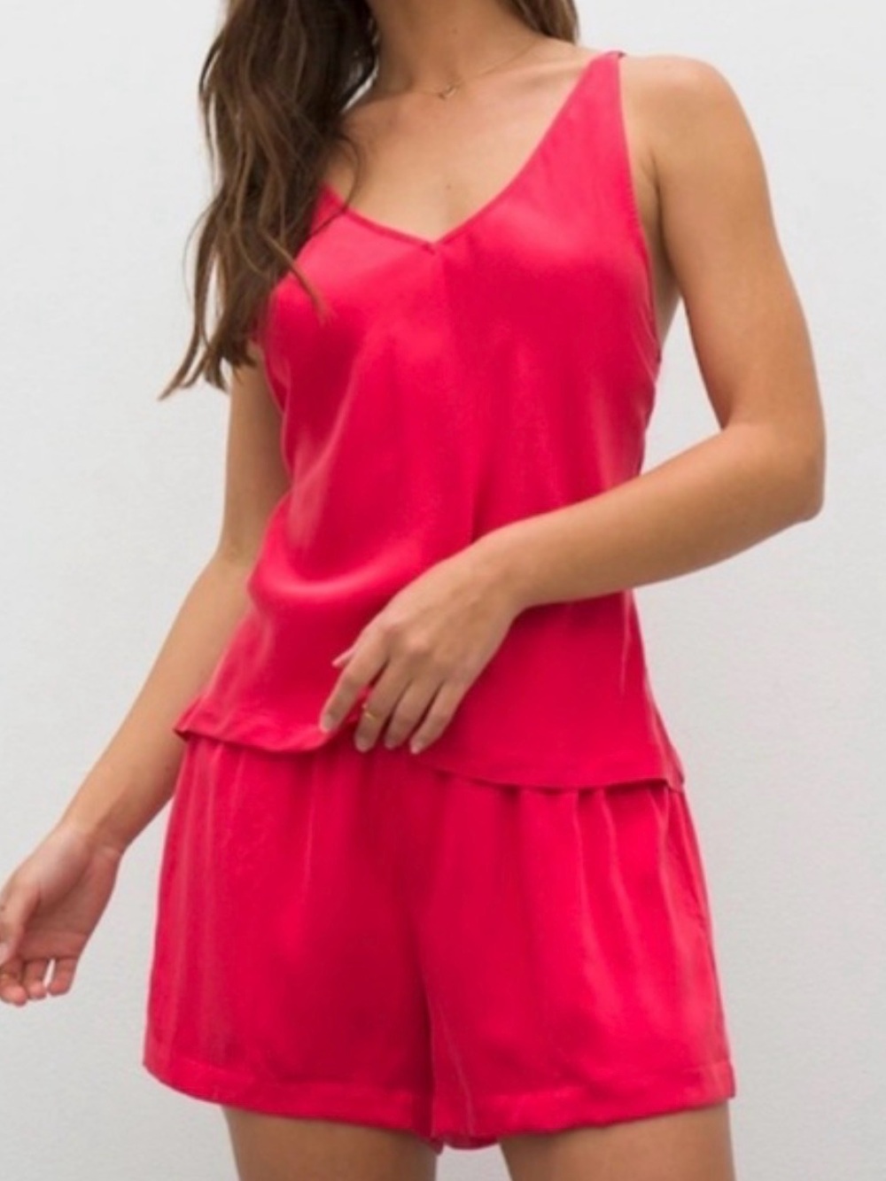 Soma Sensual 100% Silk Cami & Shorts Pajama Set M Red Camisole V-Neck Sleepwear